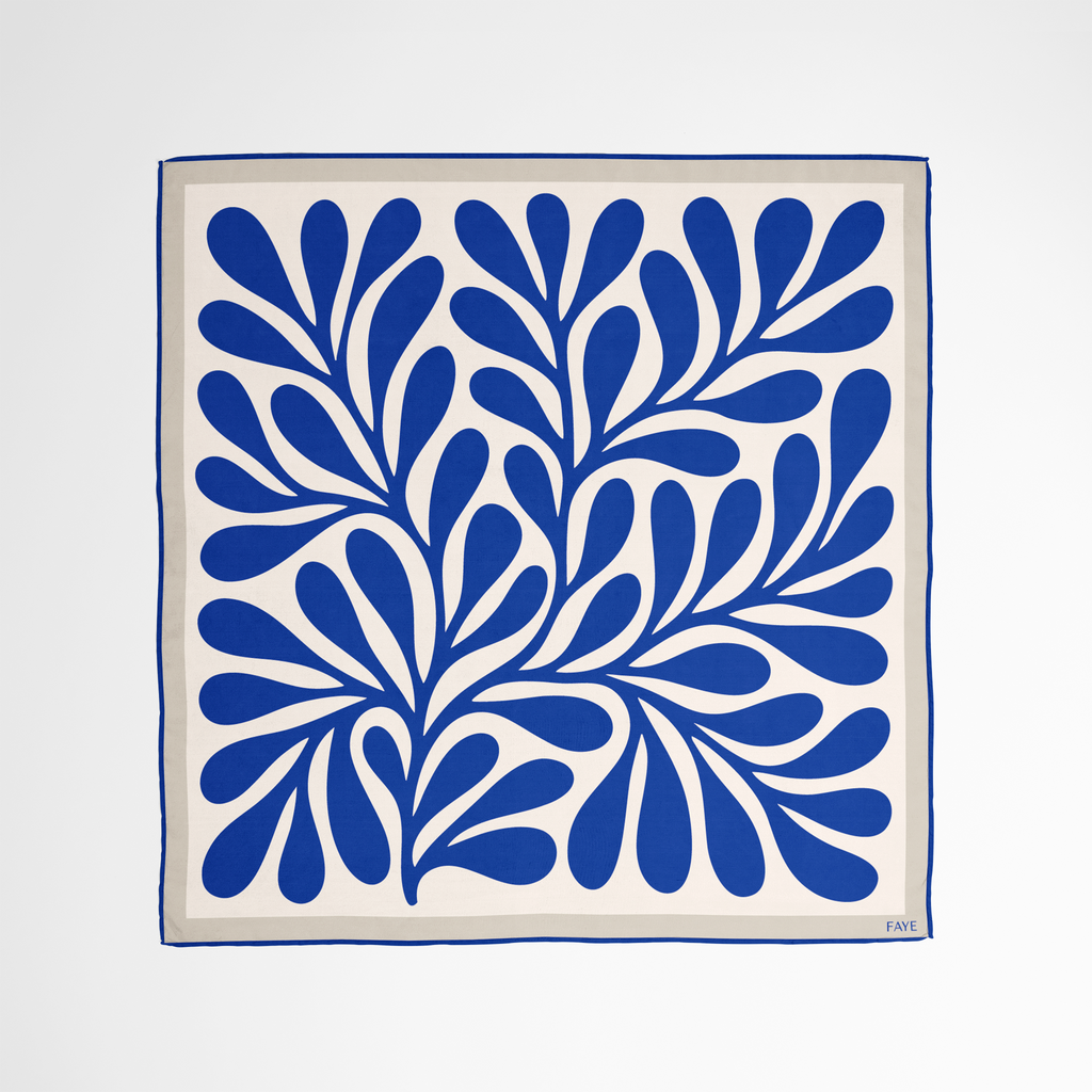 LEAF SILK SCARF - ROYAL BLUE - 50 × 50 CM
